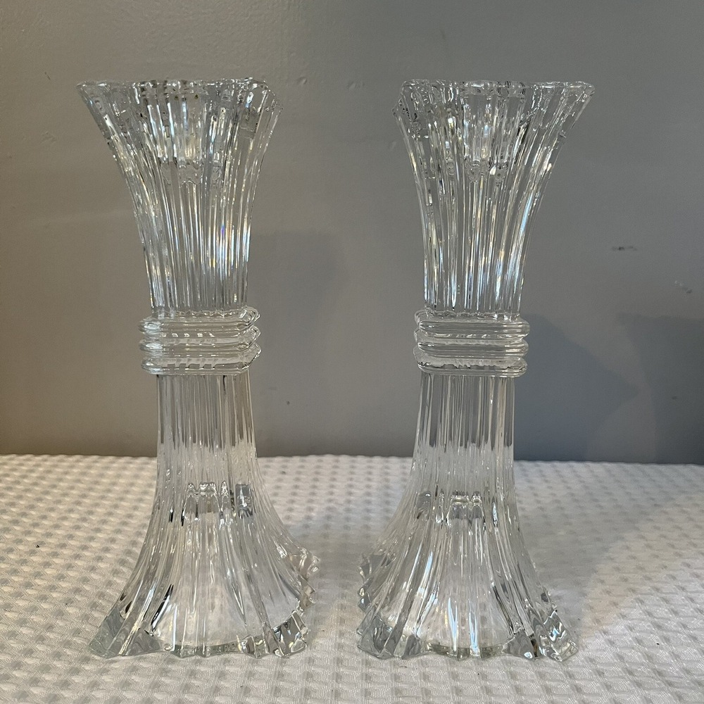 Beautiful Pair 8" Crystal Glass Candlesticks Great Design Art Deco